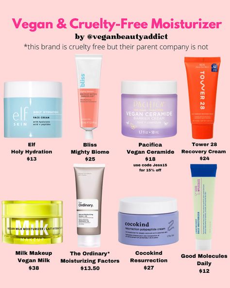 CRUELTY-FREE & VEGAN MOISTURIZER 🐇🌱 I asked what you would like to see and I got a lot of requests for more skincare and moisturizers!! These are some of my personal favorites and a few that I know a lot of people love! What are your favs? #veganskincare #crueltyfreeskincare #elfcosmetics #skincare #drugstoreskincare #sephora #crueltyfree #veganbeautyreview #vegansofig #tower28 #pacificabeauty #ulta #veganbeautyaddict #cocokind #veganmakeupshare #crueltyfreemakeup Cruelty Free Skincare, Vegan Vegan And Cruelty Free Skin Care, Cruelty Free Skin Care Routine, Cocokind Skincare, Vegan Skincare Routine, Vegan Skincare Products, Dry Brushing Skin, Korean 10 Step Skin Care, Cruelty Free Products, Vegan Body