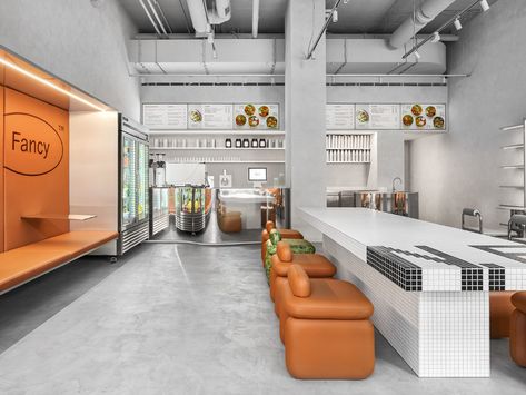 Nothing Fancy Cafe on Behance Futuristic Cafe, Communal Table, Small Tiles, Matching Chairs, Retail Design Blog, Apartment Complexes, Local Design, Metal Table, Retail Design