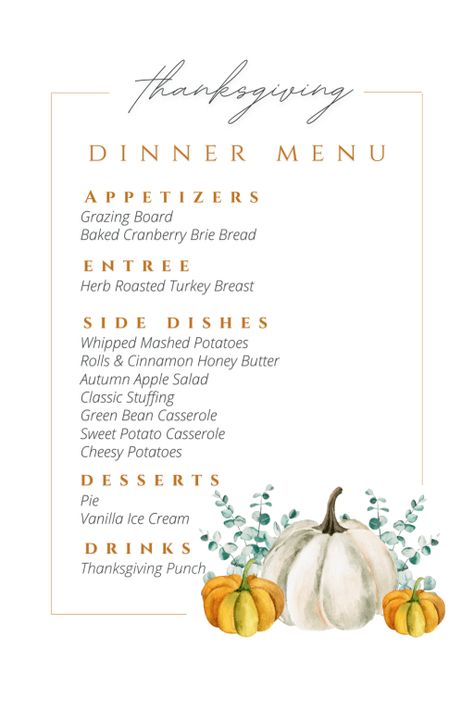 Thanksgiving Menu List, Thanksgiving Menu Template, Herb Roasted Turkey Breast, Friendsgiving Menu, Thanksgiving Punch, Side Dishes For Ham, Cinnamon Honey Butter, Thanksgiving Table Setting, Thanksgiving Friendsgiving