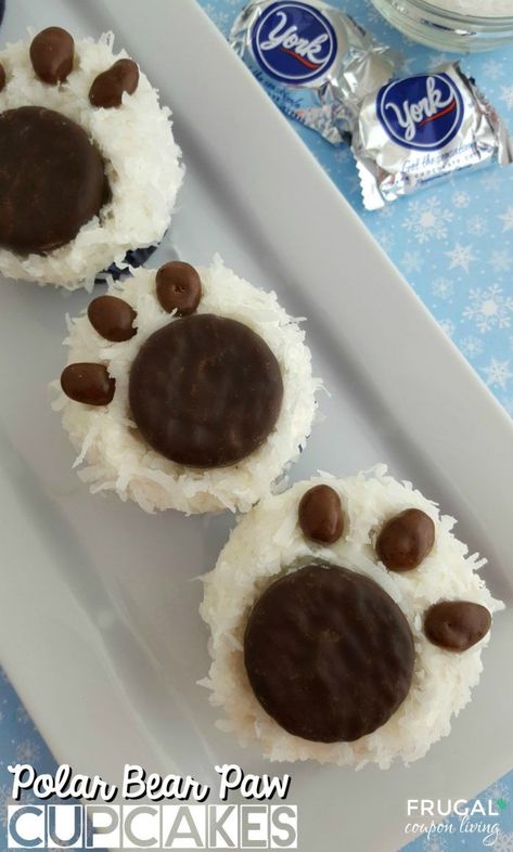 Polar Bear Paw Cupcakes on Frugal Coupon Living. Winter cupcake recipe.  Winter dessert recipe ideas for kids. Winter Kids Food Craft Idea using cupcakes. Bear Paw Cupcakes, Paw Cupcakes, Polar Bear Paw, Winter Cupcakes, Kids Food Crafts, Chocolate Covered Raisins, Winter Dessert, Winter Dessert Recipes, Kid Cupcakes