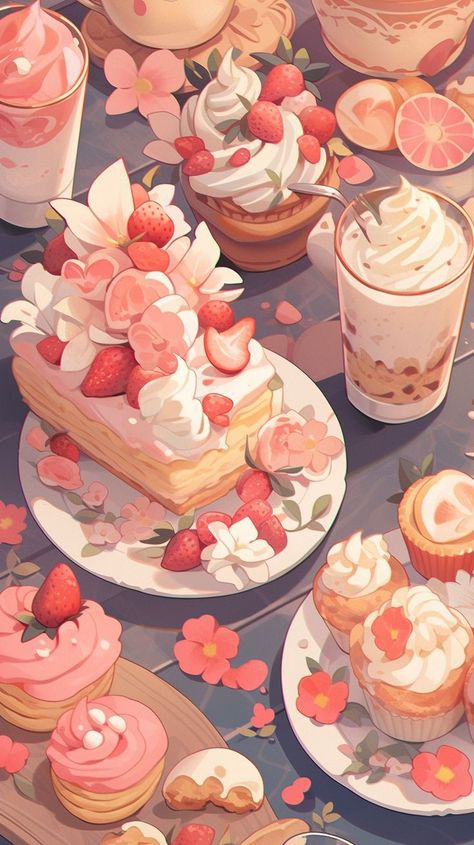 Desserts Wallpaper Backgrounds, Cute Bakery Wallpaper, Dessert Art Illustration, Cute Food Art Wallpaper, Anime Sweets Food, Dessert Aesthetic Wallpaper, Cake Wallpaper Aesthetic, Pastries Wallpaper, Food And Drink Wallpaper