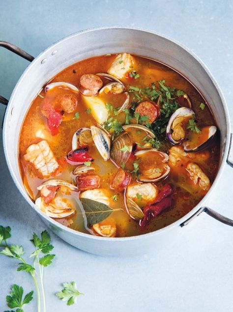 Portuguese Fish and Sausage Stew Recipe | Williams Sonoma Taste Rocco Dispirito, Seafood Stew Recipes, Plating Food, Presentation Food, Sausage Stew, Portuguese Food, Seafood Stew, Fish Stew, Fish Soup