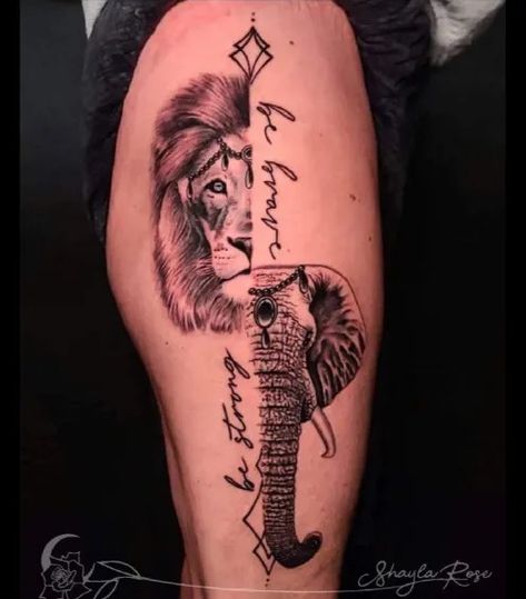 Elephant Lion Tattoo, Animal Tattoos For Women, Lion Tattoo, Tattoo Inspo, Animal Tattoos, I Tattoo, Tattoos For Women, Lion, Elephant