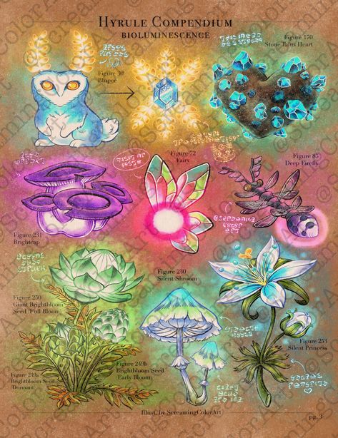 Botanical-style illustration of various luminescent items from Legend of Zelda: Tears of the Kingdom. Letter size or 11x17 print on matte photo paper. Actual print is unwatermarked/has anti-theft text removed. NOTE: This design is a companion piece to my first Hyrule Compendium page, which gets stolen and resold more than any of my other art. If you see it listed for sale anywhere else, including on clothing, please do not support the seller and kindly report the listing. Thank you! Breath Of The Wild Illustration, Tears Of The Kingdom House Design, Hyrule Botanical, Bokoblin Breath Of The Wild, Legend Of Zelda Tears Of The Kingdom Art, Legend Of Zelda Room Decor, Tears Of The Kingdom Tattoo, Legend Of Zelda Tears Of The Kingdom, Hyrule Compendium