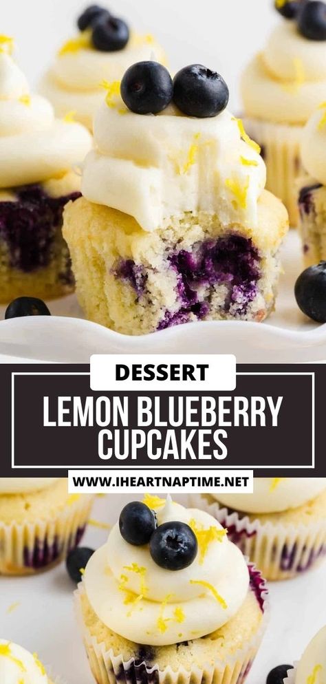 These lemon blueberry cupcakes are made with tender lemon cupcakes, juicy blueberries and topped with an easy lemon cream cheese frosting. They are the perfect spring or summer dessert! Lemon Blueberry Cupcakes With Cream Cheese Frosting, Lemon Blueberry Desserts, Blueberry Lemon Cupcakes, Blueberry Cupcakes Recipe, Best Vanilla Cupcake Recipe, Blueberry Lemon Cake Recipe, Buttermilk Cupcakes, Lemon Desserts Easy, Lemon Blueberry Cupcakes