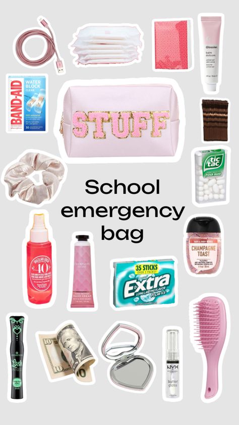 #outfitinspo #vibes #vibes #aesthetic #preppy #school #schoolinspo #backtoschool #bag #emergencykit #thatgirl #itgirl #prepared High School Essentials, Emergency Kit For Girls, School Emergency Kit, School Backpack Essentials, Everyday Bag Essentials, School Survival Kits, When School Starts, Preppy School, School Bag Essentials