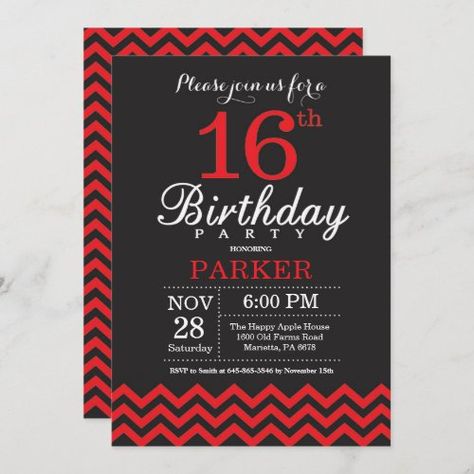 $2.77 | 16th Birthday Invitation Black and Red #birthday party, for boy or girl birthday, kids birthday, 16th birthday, black and red chevron, modern bday bash invite, elegant birthday, sweet sixteen, sixteenth birthday, chalkboard black and white Hot Pink Birthday Party, Surprise 30th Birthday, Surprise 60th, Hot Pink Birthday, 13th Birthday Invitations, Red Birthday Party, Surprise Birthday Invitations, 70th Birthday Invitations, Black And Hot Pink