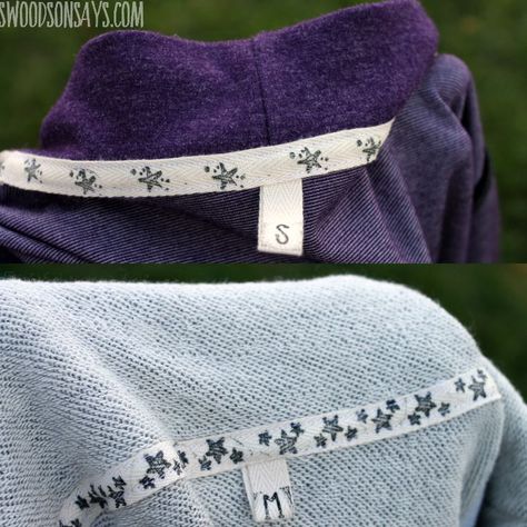 Use fabric ink + twill tape to stabilize neckline & make size taps! Swoodsonsays.com Diy Labels, Moms Crafts, Diy Stamp, Crafts To Make And Sell, Diy Clothing, How To Make Diy, Ink Stamps, Sewing Tips, Clothing Labels