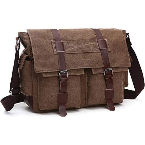 LOSMILE Shoulder Bag, Men's Messenger Bags, 16 Inches Vintage Military Canvas Laptop Bag for Work and School, Multiple Pocket. (Large, Coffee) Messenger Bag For School, Canvas Laptop Bag, Laptop Camera, Bag For School, Retro Bags, Laptop Messenger Bags, School School, Canvas Messenger Bag, Canvas Crossbody Bag