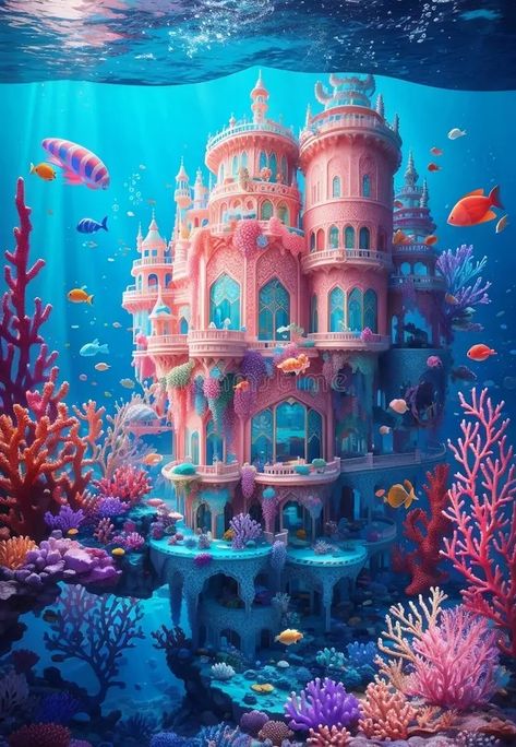 Underwater Castle, Minecraft Underwater, Dolphin Drawing, Underwater House, Castle Drawing, Sea Illustration, Underwater City, Fantasy Rooms, Underwater Sea