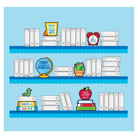 Make your classroom bulletin board stand out and be noticed! This classroom decorating set comes with a collection of different colorful designs that you can put all at once or use to switch up the look frequently. Blank book-shaped cutouts have lines for "Author" and "Book title" that can be filled in with students' names and accomplishments. They'll love seeing their name in print! You might also use the book titles to represent the books you read together...or the books students finish on the Paper Bookshelf Bulletin Board, Books We Love Bulletin Board, Book Shelf Bulletin Board, Bookshelf Bulletin Board, Classroom Decor Reading, Classroom Bulletin Boards Elementary, Reading Display, Student Of The Week, Read Together