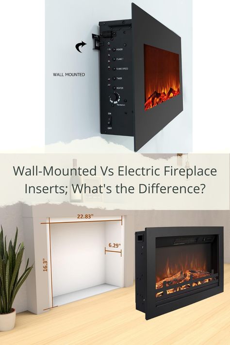 here are some notable differences between a wall-mounted and electric fireplace insert... Wall Mounted Electric Fireplace Bedroom, Fireplace Mounted On Wall, Electric Fireplace Flush With Wall, Installing Electric Fireplace, Wall Mounted Fireplace Ideas, Frame For Electric Fireplace, Wall Mounted Electric Fireplace Ideas With Tv, Build In Electric Fireplace, Wall Mounted Fireplace And Tv