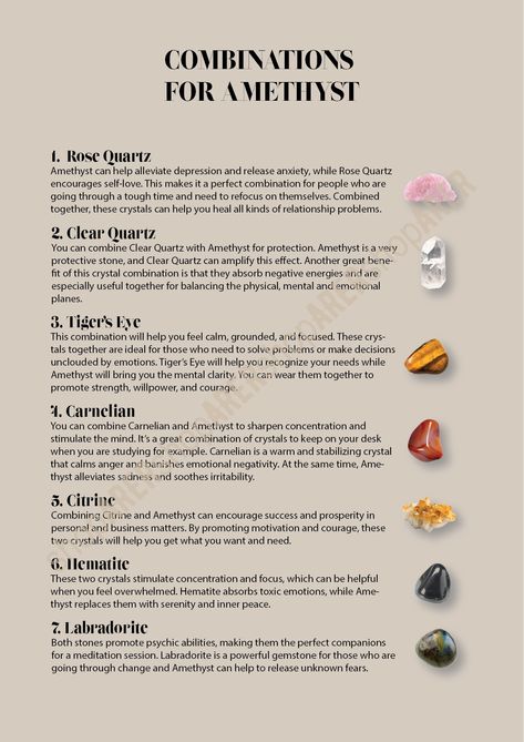 #rosequartz #clearquartz #tigerseye #carnelian #citrine #hematite #labradorite #amethyst #crystals #printable #etsy #etsyprintable Amethyst And Citrine Combination, Crystals Printable, Amethyst Affirmation, Energy Stones Crystal Healing, Spirituality Crystals, Sage Cleansing, Gemstone Candles, Herb Art, Crystal Healing Chart