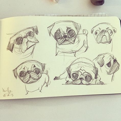 Meeting doodle of pugs/ pencil doodle sketch Pug Doodle, Pug Sketch, Doodles Sketchbooks, Pug Drawing, Dog Character, Pencil Sketchbook, Drawing Doodles, Pencil Drawing Tutorials, Drawing Cartoon Faces