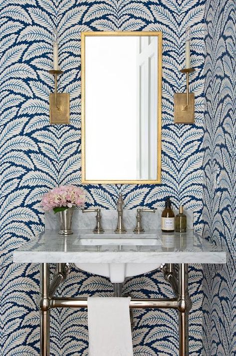 Powder Room with Brunschwig and Fils Talavera Indigo Wallpaper - Transitional - Bathroom Talavera Wallpaper, Floating Sink Vanity, Blue Powder Room, Red And Gold Wallpaper, Glam Bathroom Decor, White And Gold Wallpaper, Blue Geometric Wallpaper, Wallpaper Powder Room, Contemporary Powder Room