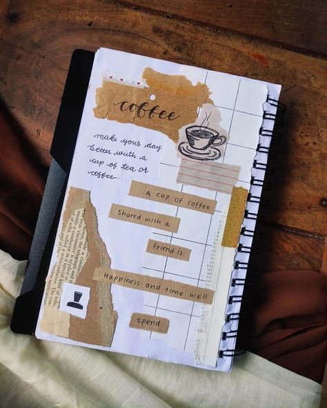 Dairy Design Ideas Journal, Coffee Theme Journal Ideas, Journal Start Page Ideas Aesthetic, Journal Ideas Aesthetic Vintage Easy, Coffee Journal Aesthetic, Exam Pad Decoration Ideas, Coffee Scrapbook Ideas, Coffee Journal Ideas, Dairy Note Book Design