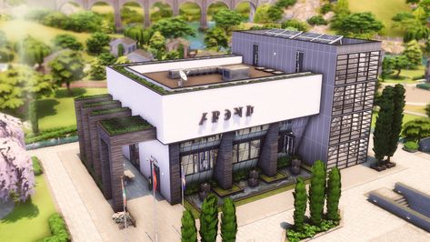 Sims 4 Gym Build Ideas, Sims Library Build, Modern Library Exterior, Sims 4 Foxbury Commons, Sims 4 Gym Ideas, Gym Exterior Design, Sims 4 Library Build, Sims 4 Gym Build, Sims 4 Mall