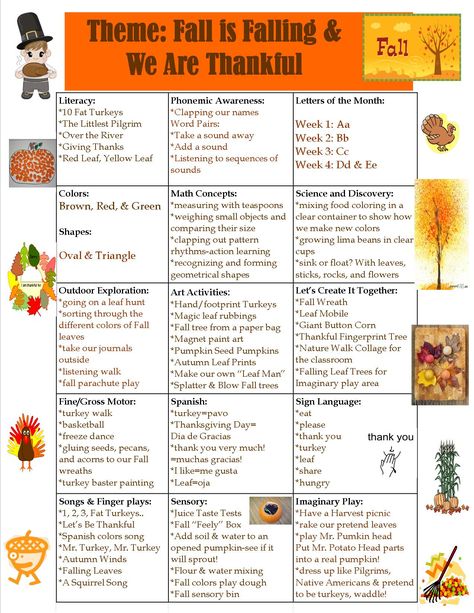 Preschool-Fall-and-Thanksgiving-Theme Thanksgiving Lesson Plans For Kindergarten, Thanksgiving Theme Days For School, Fall Theme Ideas For Preschool, November Curriculum For Infants, November Theme Activities, November Toddler Themes Lesson Plans, November Themes For School Age, November Curriculum Themes, November Lessons For Preschool