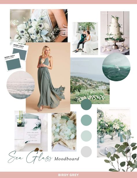 August Beach Wedding Colors, Sea Glass Wedding Flowers, Seaglass Green Wedding, Seaglass Wedding Colors, Seaglass Wedding, Sea Glass Wedding, Wedding Theme Color Schemes, Wedding August, Chic Bridesmaid Dresses