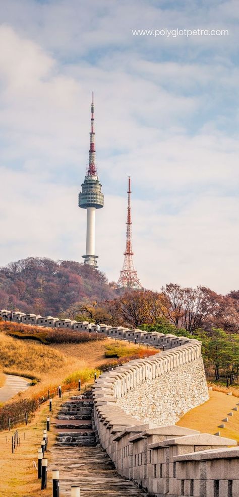 An image of the Seoul Fortress Wall trail in the fall with the Namsan Tower in the background Seoul Itinerary, Getting To Know, South Korea, Seoul, The Magic, Things To Do, History