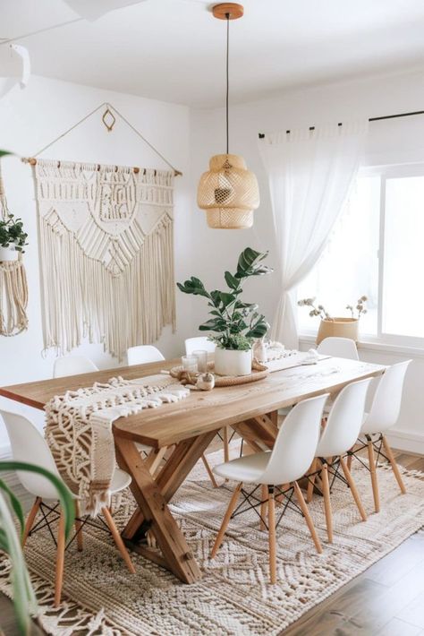 Open Concept Kitchen Dining Living Room Boho, Modern Boho Dining Room, Dining Table Decor Everyday, Boho Dining Table, Boho Dining Room Decor, Scandi Dining Room, Home Yoga Room, Dining Area Decor, Patterned Pillows