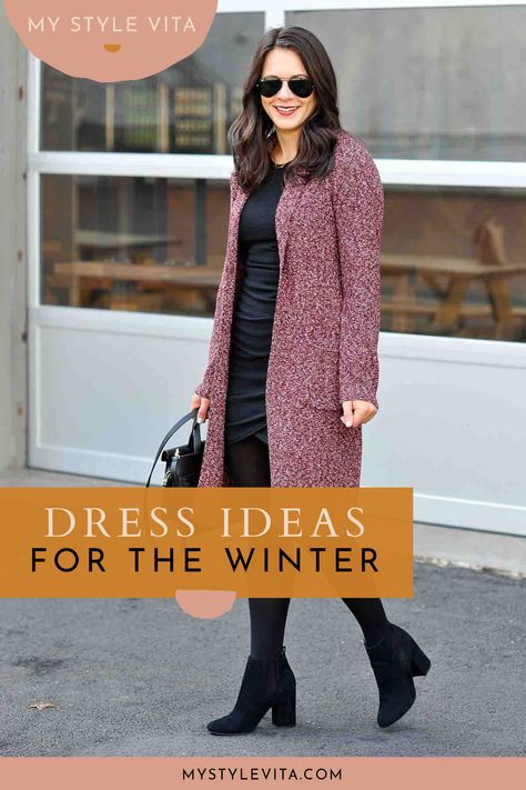 Mid Length Dress With Boots, Dresses In Winter How To Wear, Long Dress In Winter, Winter Midi Dress Outfit, How To Wear A Dress In Winter, How To Wear Dresses In Winter, Dress With Long Coat, Midi Dress Boots, Dresses In The Winter