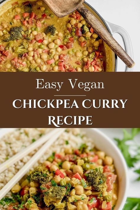 Vegan Chickpea Curry Easy Vegan Curry, Vegan Chickpea Recipes, Easy Chickpea Curry, Vegan Chickpea Curry, Chickpea Curry Recipe, Vegan Curry Recipes, Vegan Chickpea, Egg Free Recipes, Meatless Dinner