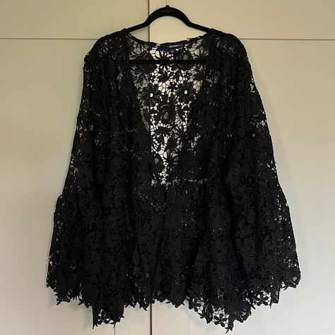 Brand New - Beautiful Lace Jacket/Sweater With Long Flared Sleeves. Front Two Clasps Closure. (See All Photo's For Front, Rear, Sleeve, Bottom, Design And Closure Views). Wear To The Office, Night On The Town Or Next Event. 100% Polyester Easy To Clean (See Photo For Care Instructions ) Goth Sleeves, Crochet Lace Sweater, Black Lace Jacket, Vintage Denim Vest, Gothic Lace, Dark Style, Bottom Design, Jacket Sweater, Lace Sweater