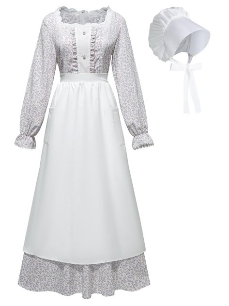 PRICES MAY VARY. Pioneer Dress Fabric -- The women floral colonial dress and floral colonial bonnet are made of polyester cotton blend fabric, the white colonial apron is made of polyester. The fabric is lightweight and breathable, comfortable to wear throughout the day, not see-through. We recommend Machine wash in warm or cold cycle, tumble dry on a low setting, iron with steam to remove wrinkles. Three Pieces Pioneer Dress Women -- The classic colonial dress set come with 1 piece floral prair Colonial Apron, Pioneer Costume, Pioneer Clothing, White Colonial, Pioneer Dress, 1800's Dress, Outlander Costumes, Colonial Dress, Costume For Women