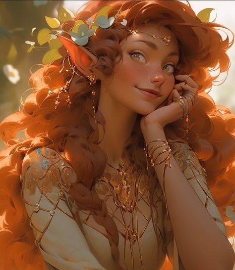 Crop of another pin Ginger Elf Art, Fae Character Inspiration, Dnd Fairy Art, Summer Elf Dnd, Eladrin Elf Autumn, Sun Elf Female Dnd, Aasimar Female Druid, Autumn Eladrin Female Dnd, Dnd Eladrin Elf