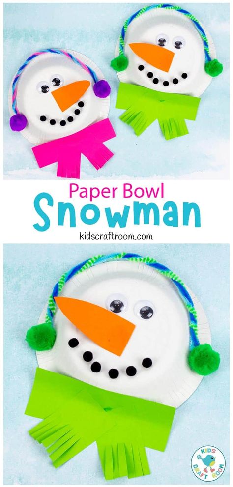 This PAPER BOWL SNOWMAN CRAFT is lots of fun. With brightly coloured earmuffs and scarves to keep them cosy, their happy faces will brighten up even the dreariest of winter days! A lovely Winter craft for toddlers and preschoolers. #kidscraftroom #kidscrafts #snowman #snowmancrafts #paperbowlcrafts #paperplatecrafts #wintercrafts Snowman Crafts Preschool, Bowl Snowman, Snowman Craft For Kids, Winter Crafts For Toddlers, Winter Crafts Preschool, Fun Winter Crafts, Paper Bowl, January Crafts, December Crafts