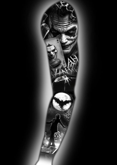 Joker Tattoo Sleeve For Men, Joker Full Sleeve Tattoo, Tattoo Ideas For Men Joker, Batman And Joker Sleeve Tattoo, Full Sleeves Design Tattoo, Batman Leg Sleeve Tattoo, Mens Full Sleeve Tattoo Ideas Design, Dc Sleeve Tattoo, Joker Theme Tattoo Sleeve