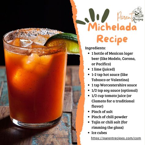 **Michelada Recipe** **Ingredients:** - 1 bottle of Mexican lager beer (like Modelo, Corona, or Pacifico) - 1 lime (juiced) - 1-2 tsp hot sauce (like Tabasco or Valentina) - 1 tsp Worcestershire sauce - 1/2 tsp soy sauce (optional) - 1/2 cup tomato juice (or Clamato for a traditional flavor) - Pinch of salt - Pinch of chili powder - Tajín or chili salt (for rimming the glass) - Ice cubes **Instructions:** 1. Rim a tall glass with lime juice and dip it into Tajín or chili salt. 2. Fill the g... Mexican Beer Drinks Michelada Recipe, Spicy Michelada Recipe, Homemade Michelada Mix Recipe, Michelada Recipe Mexican, Michelada Mix Recipe, Mexican Beer Drinks, Michelada Mix, Michelada Recipe, Mexican Cocktails