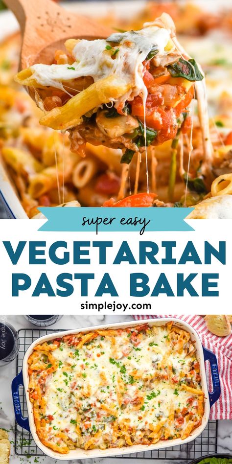 This Vegetarian Pasta Bake is packed full of delicious vegetables and baked with pasta in a simple but delicious sauce. You will love this budget-friendly dinner! Last Minute Vegetarian Dinner, Dinner Ideas Veggie Vegetarian Recipes, Dairy Free Vegetarian Meals, Best Vegetarian Dinner Recipes, Baked Ziti With Vegetables, Family Friendly Vegetarian Dinners, Baked Veggie Pasta, Veg Pasta Bake, Dump And Bake Vegetarian Casseroles