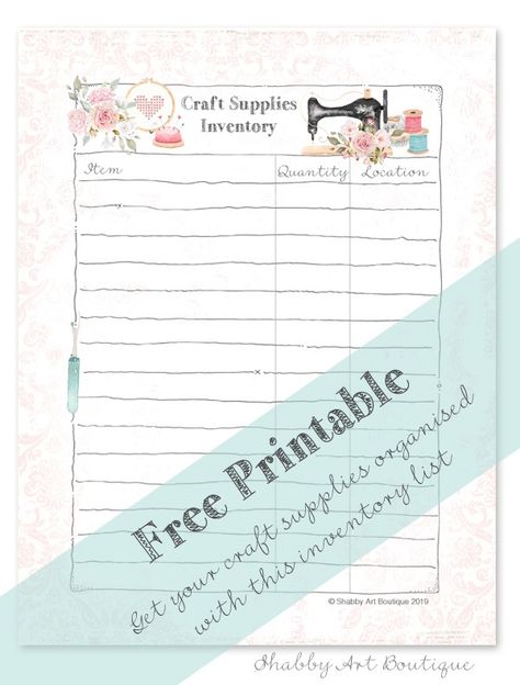 Freee Printable: Organize your craft supplies with this free printable inventory list from Shabby Art Boutique  #diy #doityourself #crafter #diyideas #craft #crafting #wallart #art #artsy #tutorial #artwork #freeprintable #printable #printables Craft Room Inventory Printables, Craft Supplies Inventory Free Printable, Craft Fair Inventory Printable Free, Free Printable Inventory Sheets, Craft Inventory, Craft Supplies Inventory, Evernote Organization, Inventory Template, Shabby Art Boutique