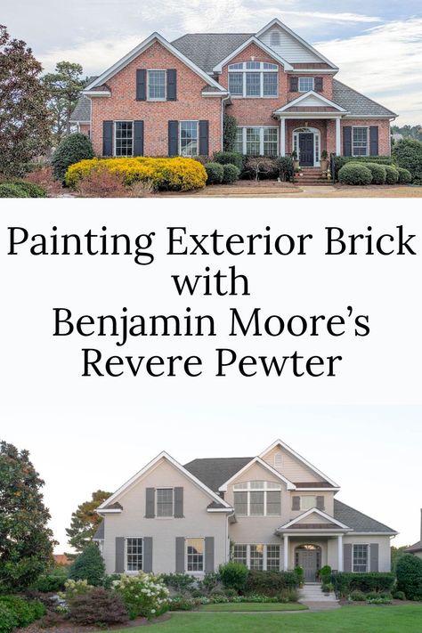 Discover the Magic of Revere Pewter on Exterior Brick: See how this classic Benjamin Moore shade transforms homes into modern masterpieces. https://nourishandnestle.com/revere-pewter-and-painting-exterior-brick/ Revere Pewter Exterior, Painting Exterior Brick, Revere Pewter Paint, Painted Brick House Exterior, Pewter Benjamin Moore, Painting Brick, Benjamin Moore Exterior, Painted Brick Exteriors, Revere Pewter Benjamin Moore