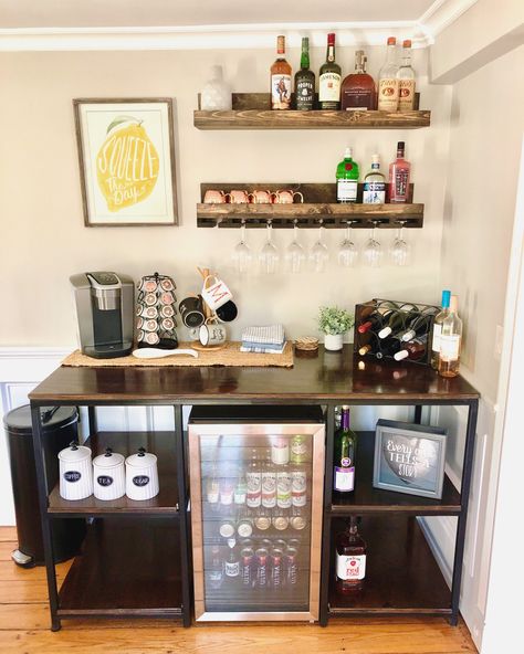 Diy Coffee And Liquor Bar, Home Drink Station Bar Areas, Wine Bar Coffee Station, Mini Bar And Coffee Bar, Coffee And Drink Bar Station, Bar Coffee Area In Kitchen, Salon Beverage Bar Ideas, Home Beverage Bar, Manly Coffee Bar