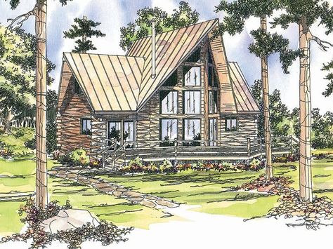 051L-0002: A-Frame Log House Plan Offers Expansive Deck Window Bay, Log Home Plan, Log Home Plans, A Frame House Plans, Cabin Floor Plans, Cabin House, Cabin House Plans, Vacation Cabin, Floor Ceiling