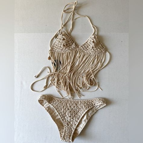 Indah Macrame Fringe Bikini Set. Size Medium. Fits A Small-Medium As Indah Runs A Bit Small But Also Has A Lot Of Stretch. Swimsuits Design, Crochet Bathing Suit Top, Macrame Swimsuit, Bra Art, Macrame Fringe, Crochet Bathing Suits, Jamaica Wedding, Swimsuit Design, Miss America