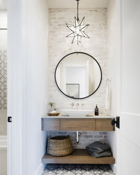 Contemporary Powder Room | Kathy Geissler Best | HGTV Beautiful Powder Rooms, Brick Wall Ideas, Farmhouse Bathroom Remodel, Rustic Farmhouse Bathroom, Farmhouse Bathroom Design, Farmhouse Bathroom Vanity, Tile Remodel, Powder Room Design, Bad Inspiration