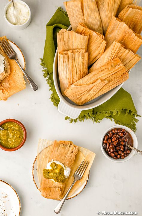 Red Pork Tamales, Homemade Masa, How To Reheat Tamales, Tamale Sauce, Green Chile Salsa, Chile Salsa, Pork Tamales, Chicken Bullion, Corn Husks