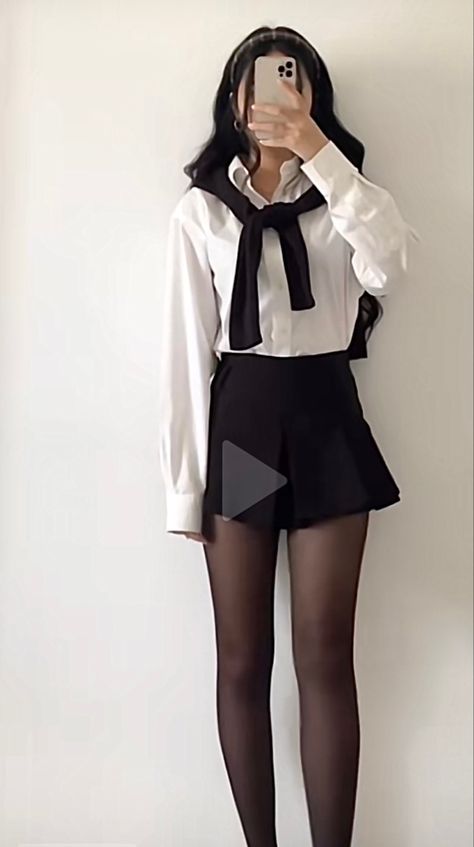 White Top Black Skirt Outfit, White Shirt With Black Skirt, White Blouse And Black Skirt, White Shirt Black Skirt, Orchestra Concert, Black Cropped Sweater, Skort Outfit, Long Black Boots, White Shirt Outfits