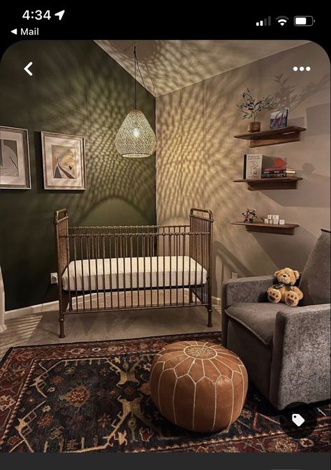 Green And Light Brown Nursery, Speakeasy Nursery, Nursery Dark Academia, Dark Earthy Nursery, Cozy Modern Nursery, Non Traditional Nursery Ideas, Dark Theme Nursery, Unconventional Nursery Ideas, Hobbit Inspired Nursery