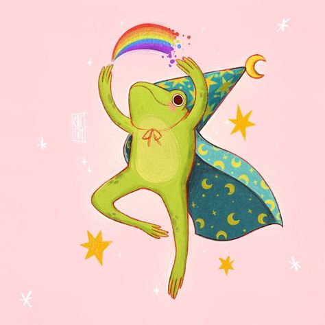 cute colorful frog art toad forggy with starts wizard mage rainbow colorful happy cheerful illustration sticker Drawing Ideas Aesthetic, Wizard Frog, Funky Rug, Funny Animal Art, Aesthetic Frog, Cute Rug, Rug Cute, Frog Illustration, Frog Drawing