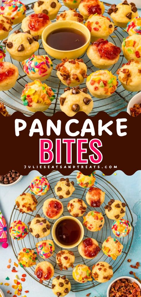 These bite-sized Pancake Bites are a delicious twist on traditional pancakes. Imagine fluffy pancake batter poured into a mini muffin tin, mixed with your favorite add-ins like juicy blueberries or chocolate chips. Pancake Cake Pops, Mini Muffin Pancake Bites, Muffins Out Of Pancake Batter, Krusteaz Pancake Mix Muffins, Pancake Bites Muffin Tins, Pancake Appetizer, Muffin Mix Waffles, Mini Pancake Bites, Pancake Poppers