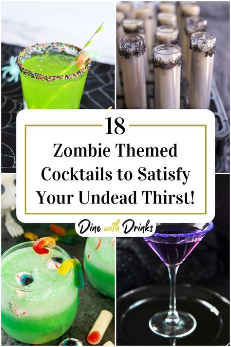 Collage of 4 zombie themed cocktails. Zombie Alcohol Drink, Tipsy Zombie Drink Recipe, Zombie Drinks Alcohol, Themed Cocktail Recipes, Zombie Punch, Zombie Drink, Zombie Themed Party, Zombie Halloween Party, Lime Sherbert