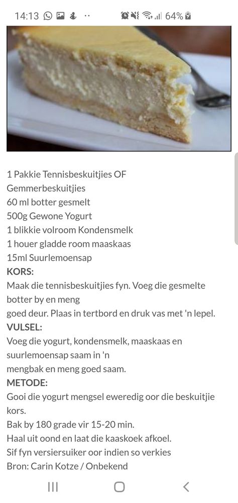 Gebakte Kaaskoek Resepte, Maaskaastert Resep, Kaaskoek Resepte Ongebakte, Kaaskoek Resepte, Biscuit Recipes Uk, Yoghurt Cheesecake, Maklike Resepte, Brigadeiro Recipe, Easy Tart Recipes