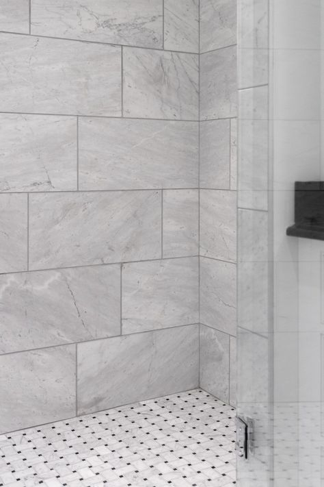 Classic Bathroom Shower Tile Ideas, Grey Marble Bathroom Tiles, Lakeview House, Unfinished Basements, White Bathroom Tile, Colonial Bathroom, Tiny Bathroom Makeover, Small Bathroom With Tub, White Marble Shower