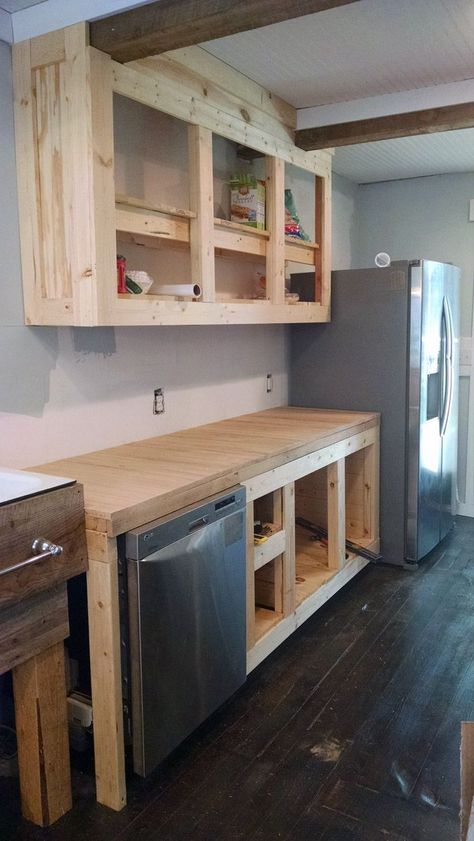 How to build your own kitchen cabinets with 2x4s and 1x4s and a little paint and hardware! Country kitchen, home made, diy, 2x4 Cabinets, Old House Renovation, Old Home Renovation, 100 Year Old Home, Old Houses Renovation, Country Kitchen Cabinets, Big Closets, Diy House Renovations, Living Small