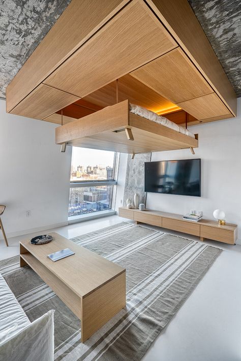 BIG's 'the smile' apartments include high-tech robots that put away your furniture One Bedroom Cabin, Modular Furniture System, New York City Buildings, Dressing Design, Sophisticated Furniture, New York Buildings, Micro Apartment, Bjarke Ingels, Moving Furniture